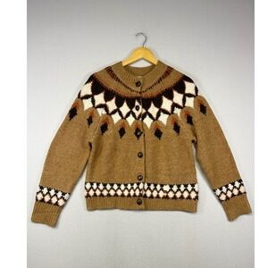 Rustic Earthy Vigoss Womens Med Brown Fair Isle Knit Button Front Sweater
